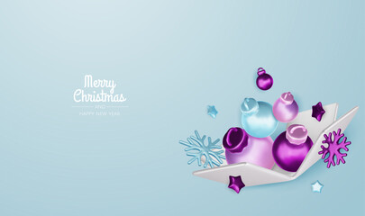 Happy New Year and Merry Christmas. Christmas holiday background with realistic 3d objects, violet and white bauble balls, conical metal stars, gift. Levitation falling design composition.
