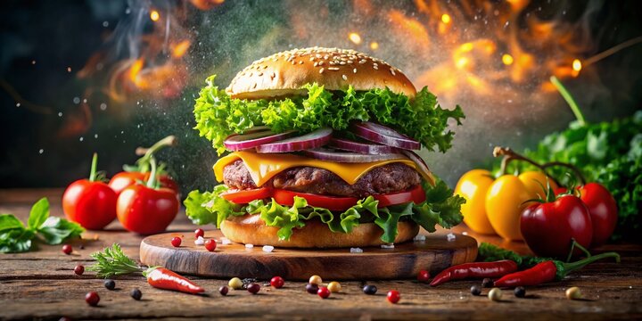 Captivating Double Exposure Photography of a Delicious Hamburger with a Scenic Food Background for Engaging Posters and Marketing Materials