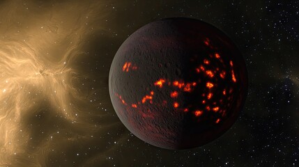 Obraz premium Fiery Planet Surrounded by Stars and Cosmic Flames, Captivating Interstellar Scene of a Volcanic Exoplanet with a Bright, Glowing Surface against a Dark Space Background