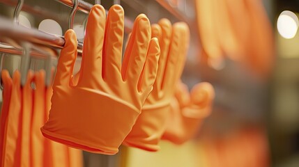 Vibrant Orange Gloves Hanging on Rack, Ready for Use in Industrial, Cleaning, or Safety Applications, Showcasing Bright Color and Practical Design for Various Tasks and Environments