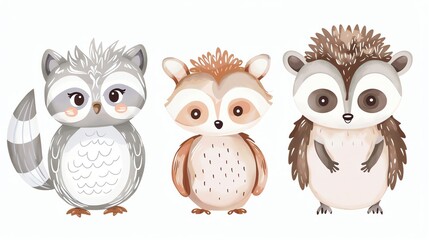 Fototapeta premium Watercolor illustration of three cute woodland animals.