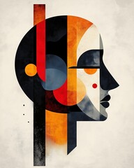 Abstract geometric portrait of a human face in profile with bold colors and shapes, inspired by modernist art styles