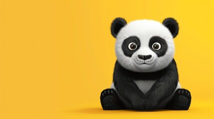 Naklejka premium Cartoon panda bear sits on a yellow background.