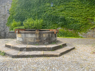 Trieste, Italy - June 27, 2024: Historic San Giusto castle. Giant water well closeup with green foliage background