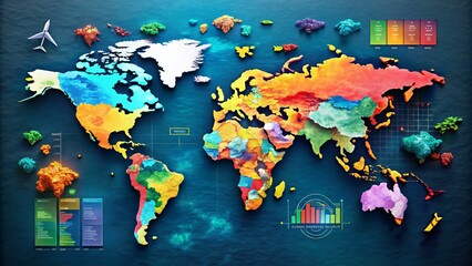 Captivating Drone Photography of a Colorful Infographic World Map Showcasing Global Data Trends, Economic Insights, and Cultural Highlights for Educational Purposes
