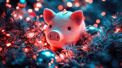 Cute Piggy Bank Surrounded by Christmas Tree Branches and Colorful Lights, Symbolizing Holiday Savings and Financial Planning for the Festive Season