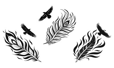 Obraz premium Stylized Flame Icons - Black and White Abstract Fire Designs with Elegant Curved Shapes and Minimalist Vector Art