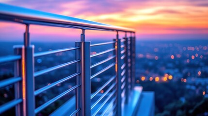 Naklejka premium Steel railing at sunset over city.