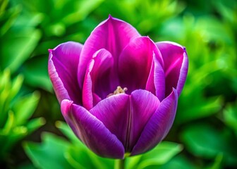 Fototapeta premium Captivating Drone Photography of a Violet Tulip Head Against a Lush Green Background, Showcasing Nature's Beauty and Vibrant Colors in a Unique Perspective