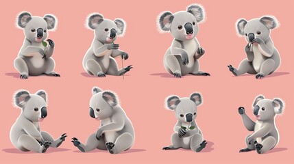 A collection of cartoon koalas in different poses.