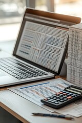 Obraz premium A workspace with a laptop, calculator, and financial documents for analysis.
