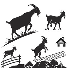 Minimalist Set of Goat Silhouettes on a Solid White Background