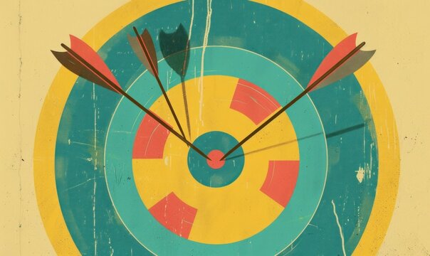 target, clock, arrows, time, concept, illustration, colorful, design, vintage style, creative, aim, goal, focus, precision, connection, circular shapes, art, background, pastel colors, graphic elemen