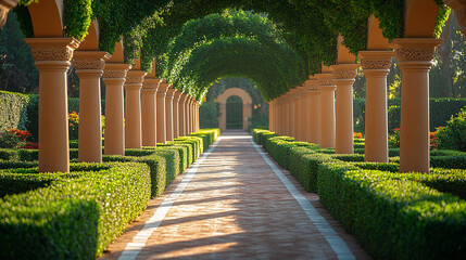 peaceful pathway surrounded by neatly trimmed hedges, offering a sense of calm and tranquility, evoking feelings of serenity, reflection, and quiet contemplation within a structured environment