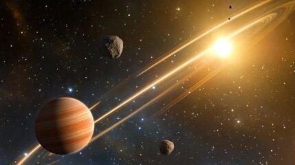 Fototapeta premium Stunning Cosmic Scene Featuring a Colorful Gas Giant Planet with Bright Rings and Asteroids Against a Backdrop of Stars and Celestial Light
