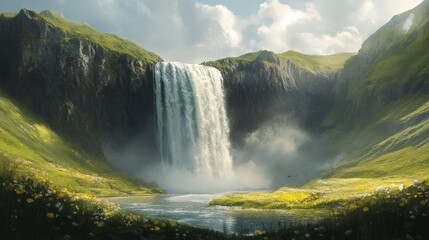 Fototapeta premium Majestic Waterfall Cascading Down Verdant Cliffs, Tranquil Scene of Nature's Grandeur