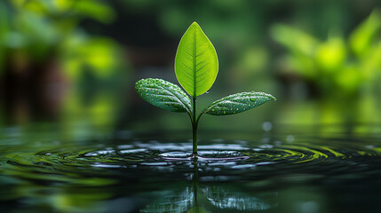 small green plant emerges from the calm water’s surface, symbolizing growth, renewal, and the resilience of nature in a tranquil aquatic setting