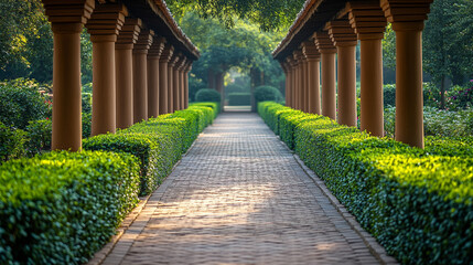 Obraz premium peaceful pathway surrounded by neatly trimmed hedges, offering a sense of calm and tranquility, evoking feelings of serenity, reflection, and quiet contemplation within a structured environment