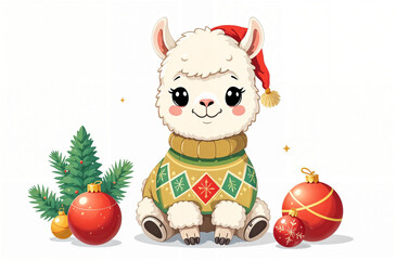 Obraz premium Cute lama in a festive sweater surrounded by colorful ornaments and holiday decorations during winter