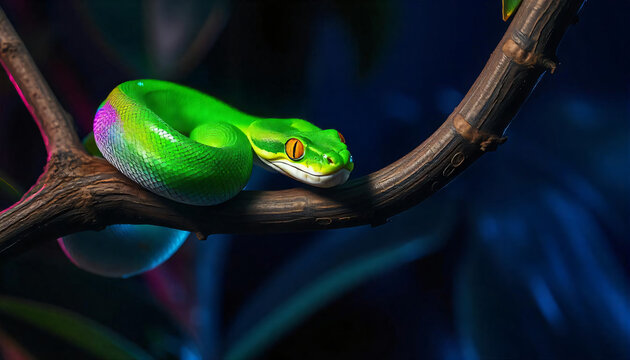 A bright green tree python elegantly coiled on a slender branch
