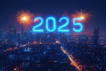 Happy New Year 2025. Burning sparkling text 2025 isolated on black background.