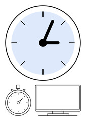 Large clock with blue face and black hands, stopwatch with minute markings, and computer monitor. Ideal for business presentations, productivity apps, time management, planning, scheduling