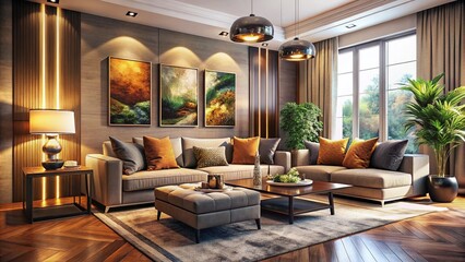 Naklejka premium Captivating Interior Design: A Cozy Modern Living Room with Elegant Furniture, Warm Lighting, and Stylish Decor that Evokes Comfort and Sophistication in a Contemporary Home Setting