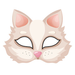 Cat animal carnival party mask. Accessory for Therian subculture, quadrobics. Festival or birthday costume accessory designed to resemble a cute kitten pet face, featuring eye holes, pink nose