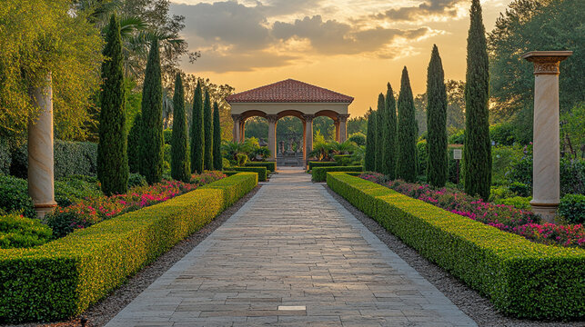 peaceful pathway surrounded by neatly trimmed hedges, offering a sense of calm and tranquility, evoking feelings of serenity, reflection, and quiet contemplation within a structured environment
