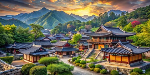 Fototapeta premium Captivating Landscape of Old Traditional Korean Architecture Amidst Serene Nature, Showcasing Scenic Beauty and Cultural Heritage in a Picturesque Setting