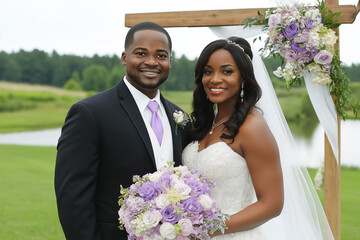 Attractive African-American bride and groom couple at their outdoor wedding in front of arbor