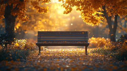peaceful autumn park scene with a sunlit bench surrounded by colorful falling leaves, evoking feelings of tranquility, change, and the beauty of nature's cycles