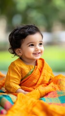 Fototapeta premium Joyful Indian Baby in Vibrant Attire Sitting on Colorful Woven Blanket Under Natural Light