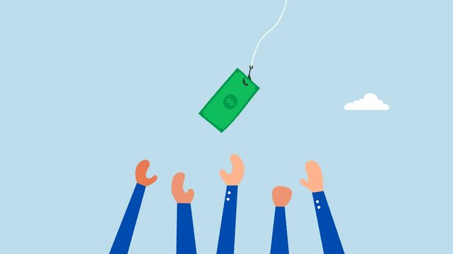 Fraud money, 4k animation of businessman reaches out, attempting to grasp fishing bait using a dollar bill. 