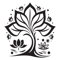 tylized Tree Silhouette - Black and White Minimalist Illustration with Organic Curves and Symmetrical Design