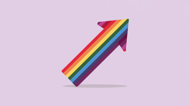A vibrant rainbow arrow pointing upwards on a soft purple background, symbolizing positivity, progress, and inclusivity.