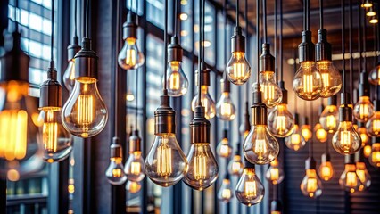 Naklejka premium Captivating Long Exposure of an Artistic Collection of Hanging Light Bulbs Illuminating a Contemporary Space in a Generative AI Design Concept