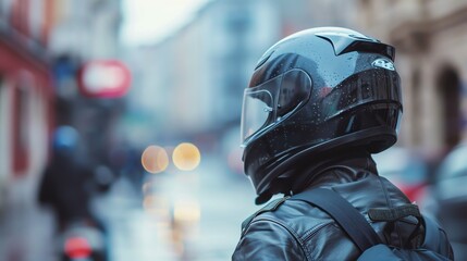 Naklejka premium A motorcyclist wearing a helmet stands on a city street.