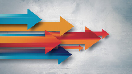 Colorful arrows in motion symbolize progress and direction, featuring bold hues of blue, orange, red, and navy against a textured background.