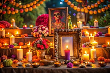 Fototapeta premium Captivating Long Exposure of Day of the Dead Celebration Featuring an Empty Frame Surrounded by Colorful Sugar Skulls and Flickering Candles for a Hauntingly Beautiful Scene