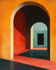 Captivating geometric architectural composition featuring colorful archways and dynamic shadows on vibrant surfaces in a modern abstract style