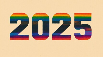 Vibrant rainbow-colored 2025 typography on textured beige background symbolizing diversity, hope, and future optimism in a colorful style
