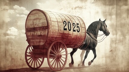 Fototapeta premium Horse pulling a large wooden barrel with the year 2025 displayed, symbolizing progress and future in vintage style art