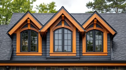 Three dormer windows with wooden frames on a dark grey roof.