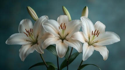Fototapeta premium Three elegant white lilies against a teal background.