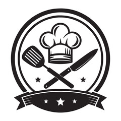 Chef's Hat Logo with Kitchen Utensils in Circular Emblem - Minimalist Black and White Culinary Symbol for Restaurant Branding