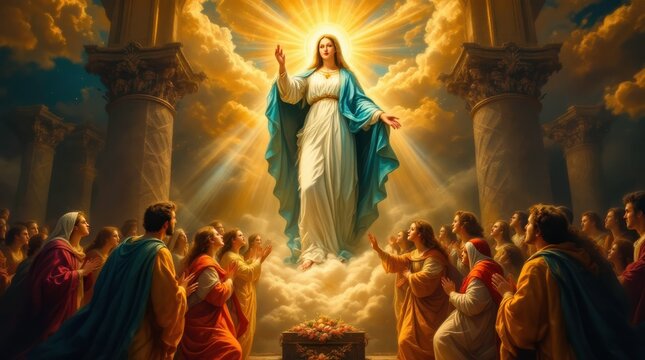 Immaculate Feast of the Assumption of the Virgin Mary Celebrated by Devotees. Generative AI