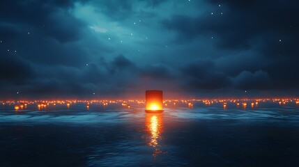 In a vast night sky, one glowing lantern rises, breaking the darkness, while unlit lanterns remain still, lantern night sky, symbol of courage and standing out