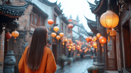 woman walks confidently through vibrant city streets, her body in motion, symbolizing freedom, independence, and the energy of urban life with bustling surroundings