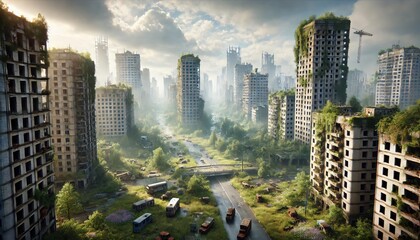 Deserted city overgrown with nature after apocalypse